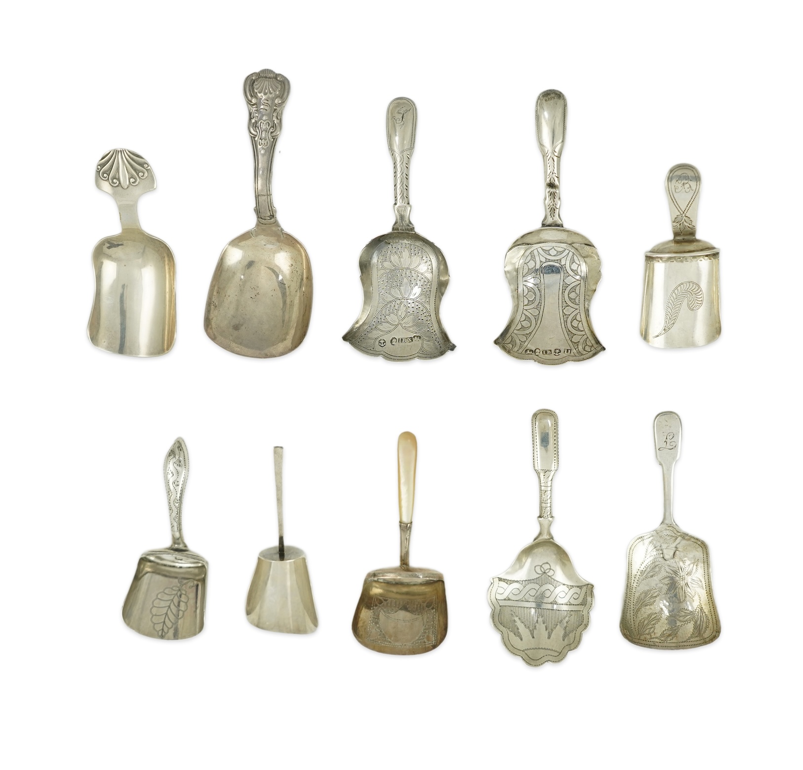 Ten assorted mainly 19th century silver caddy spoons, most with shovel bowls